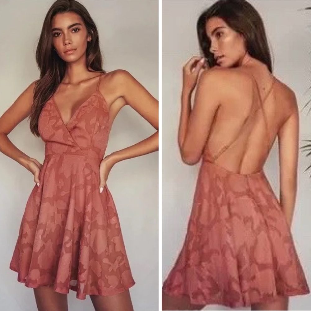 Lulus Backless Dress Pink Peach Floral Sheer Mini Flare Criss Cross Strappy XS